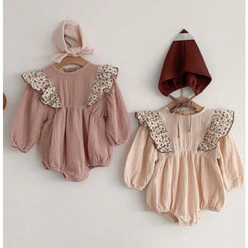 2021 Spring Summer Kids Girl Long Sleeve Rompers Clothes Infant Baby Girls Cute Corrugated Edge Rompers Clothing