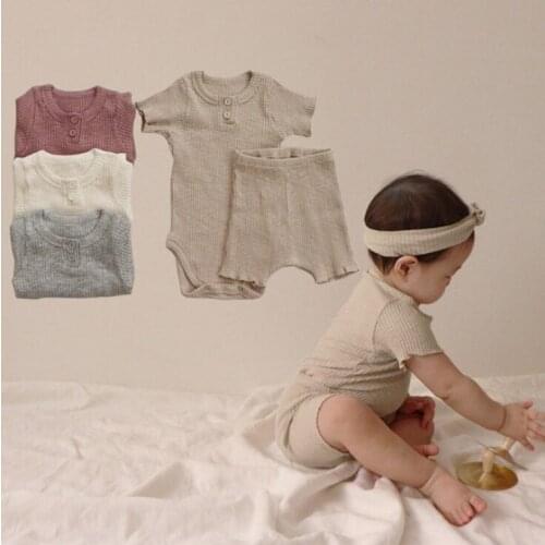 2021 New boys girls 3 pcs set ribbed romper+shorts cotton summer soft fashion babys suits