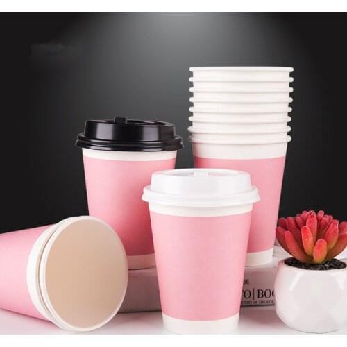 50pcs Pink thicken disposable coffee cup party wedding birthday favor drink paper cup cute takeaway packaging cups with lid
