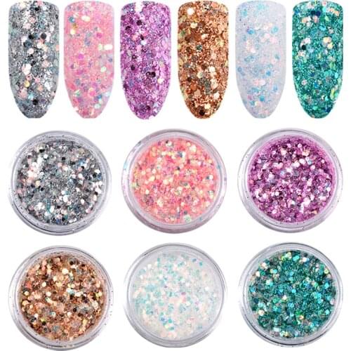 6Pcs Laser Mixed Nail Art Sequins Glitters Set Charm 3d Nail Powder Paillette Flakes DIY Nail Decorations