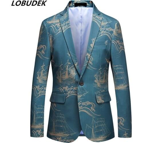 Plus Size Korean Style Blue Flower Color Blazer Men Fashion Slim Fit Casual Coat Prom Blazers Single Button Stylish Suit Jacket