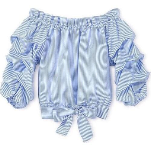 Kids Girl Toddler Blouse Shirt Blue Striped Off Shoulder Baby Tops Tee Clothes Bandage Bow Summer Children Clothing Fashion New
