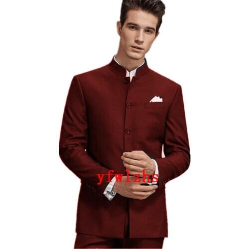 Handsome Groomsmen Mandarin Lapel Groom Tuxedos Wedding Dress Men Suits Blazer Prom Dinner (Jacket+Pants+Tie) K319