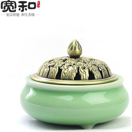Longquan kiln GE kiln tripod incense burner-free antique bronze ear celadon incense coil furnace cover aromatherapy burner