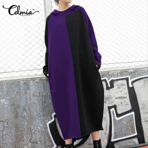 Celmia Fashion Women Color Patchwork Hooded Dress 2021 Autumn Winter Fleece Loose Casual Sweatshirt Dress Oversized Hoodies Robe