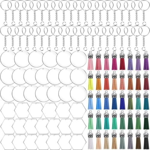 1 Set Acrylic Ornament Blanks Kit with Hexagon Round Clear Acrylic Discs Keychain Key Rings Jump Rings Colorful Tassels