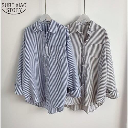 New Office Ladies Striped Shirt Blouses Women Casual Cotton Female Shirt Fashion Tops Single-breasted Loose Blouse Blusas 13057