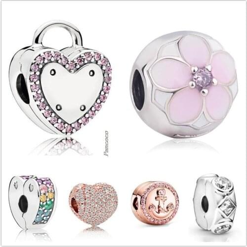 Original 925 Sterling Silver Rose Pave Open My Heart Clip Lock Stopper Charm Bead Fit Pandora Bracelet & Necklace Jewelry