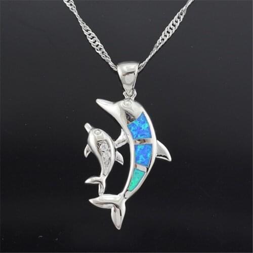 Cute One Pair Dolphin Pendant Necklace Blue Synthesis Fire Opal Necklaces for Women Silver Color Animal Jewelry Christmas Gift