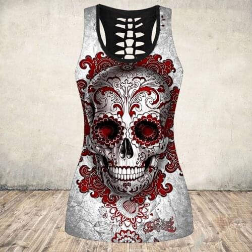Plus Size Summer Skull Print Women Grunge Vest Horror Fashion Sleeveless Tank Tops Stretch Blouse Punk Rock Halloween Clothing