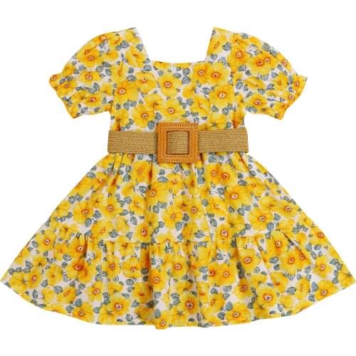 2021-05-11 Lioraitiin 1-6Years Toddler Girls Casual Clothes Yellow Square Collar Short Sleeve Dress and Waistband