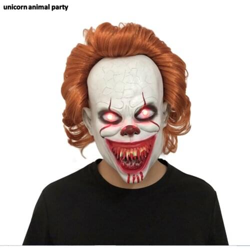 Horror Clown Mask Stephen Kings Mask Pennywise The eyes will shine Latex Halloween Cosplay monster Props costume party