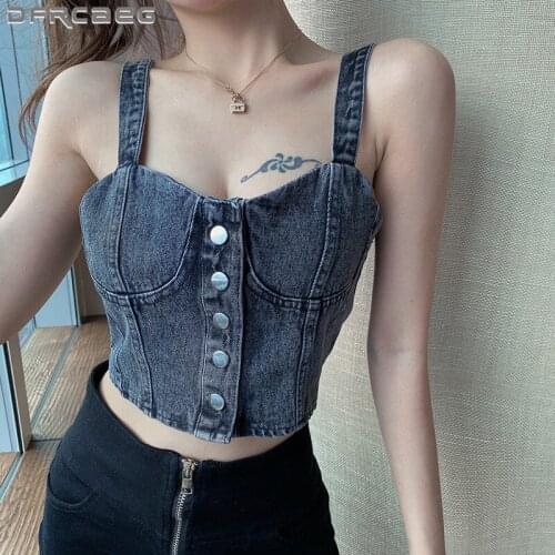 Vintage Summer Denim Corset Crop Top Women 2021 Streetwear Sexy Sleeveless Jeans Tanks Top Slim Short Camisole