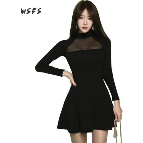 Wsfs Autumn Dress For Women Black Long Sleeve Turtleneck Sexy Party Vintage Bandage Mesh Aline Dresses Vestidos De Festa Mujer