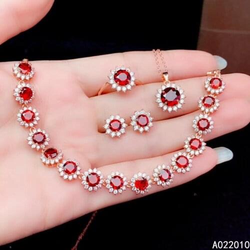 KJJEAXCMY Fine Jewelry 925 sterling silver inlaid natural garnet ring pendant earring bracelet set trendy supports test