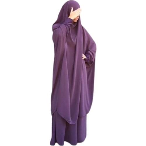 Womens 2 Pieces Muslim Prayer Dress Long Sleeve Hijab Scarf Khimar and Skirt Set Islamic Abaya Full Length Kaftan Robe