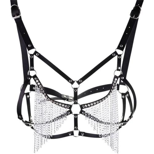 Goth Leather Body Harness Metal Chains Necklace Women Bra Top Chest Chain Belt Gothic Punk Necklaces Fashion Girl Jewelry