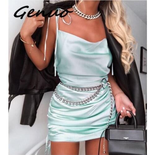 Genuo Summer Dress Women Sexy Cowl Neck Backless Club Party Dress Strap Bow Tie Shoulder Lace Up Drawstring Ruched Mini Dress