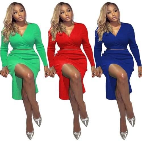 Women Soild Ribbed Two Piece Dress Set Autumn Long Sleeve V Neck Crop Top And Split Midi Dress Sexy Nightclub Party Matching Set
