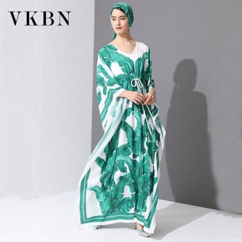 VKBN 2020 Spring Summer High Quality Dress Women Green Printing Cloak Sleeves V-Neck Industrial for Women Party Dress