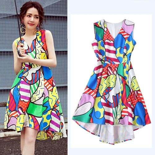 Brand Runway Summer dress sleeveless women casual V neck Irregular dress elegant colorful Print banquet dress ins dresses SY253