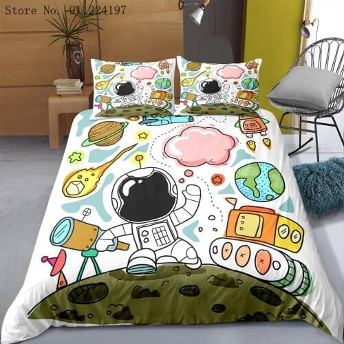 3D Print Astronaut Bedding Set 2/3pcs Kids Boys Duvet Cover Set Astronaut Bedclothes Single Double Queen King Size Bedroom Decor