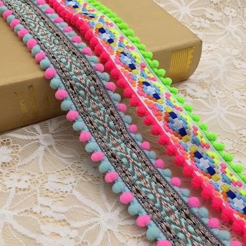 5Yards Bohemian Jacquard Lace Ribbon Ethnic Embroidery Lace Trim Colorful Bubble Ball Pompom Beads Pendant Collars Accessories