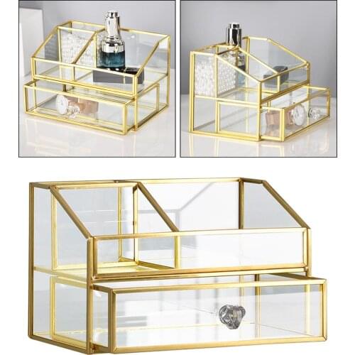 Antique Glass Cosmetics Storage Case Cosmetic Organizer Dressing Table Jewelry Lip Stick Nail Polish Container Drawer Storage