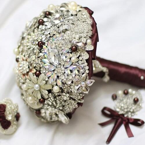 8 inch Rose wine brooch bouquet, rhinestones crystal bridal bouquet, bridesmaids brides wedding sherry jewelry flower ball