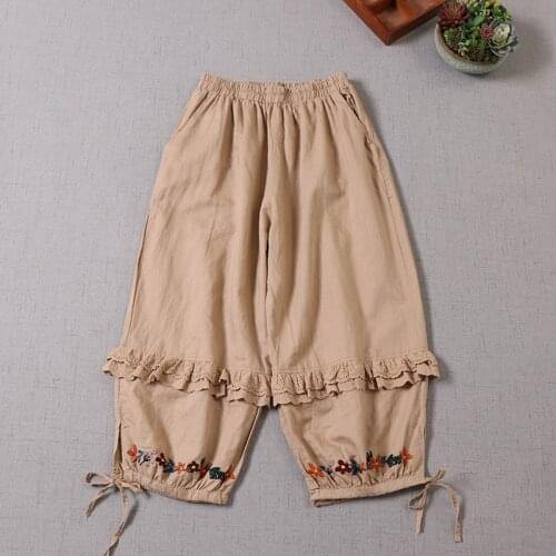 Summer Autumn Cotton linen Embroidered Harem Pants Lace Embroidered Casual Bloomers Women