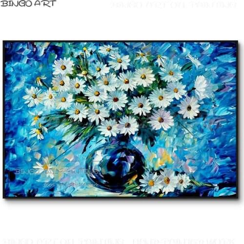 Pure Hand-painted White Flower Daisies Radiance Oil Painting on Canvas Handmade Blue Vase White Flower Thick Knife Oil Painting