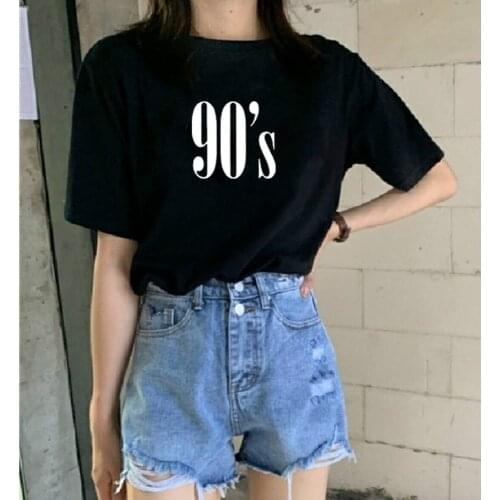 90s Letter Print Summer T-shirt Women O-neck Cotton Short Sleeve Funny Tshirt Women Top Loose T-shirt Femme Black White