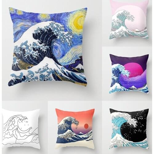 Classical Japanese Ukiyoe Print Cushion Covers Retro Woodblock Oceanwave Pillows Case Livingroom Sofa Decorative Pillows Cover