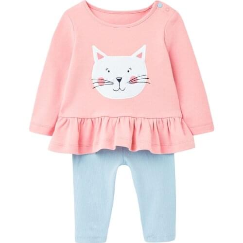 Childrens Sets Autumn Cotton Baby Girl Clothes Toddler Set Brand Long Sleeve Cat Print Pink Animal Shirt + Solid Pants 20778