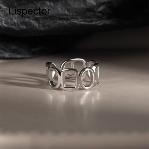 Lispector 925 Sterling Silver Korean Simple Hollow Geometric Rings for Women Minimalist Round Square Party Ring Unisex Jewelry
