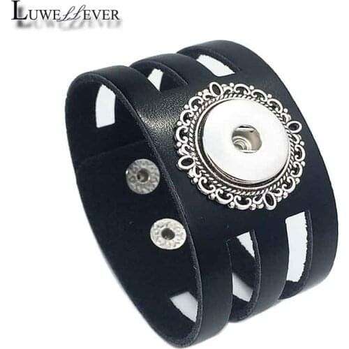 Fashion Punk Black Bracelet 072 Interchangeable Really Genuine Leather 18mm Snap Button Bangle Charm Jewelry For Women Men Gift
