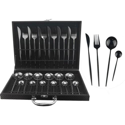 24Pcs Cutlery Black Tableware Set 304 Stainless Steel Mirror Dinnerware Set Knife Fork Spoon Tea Spoon Silverware With Gift Box