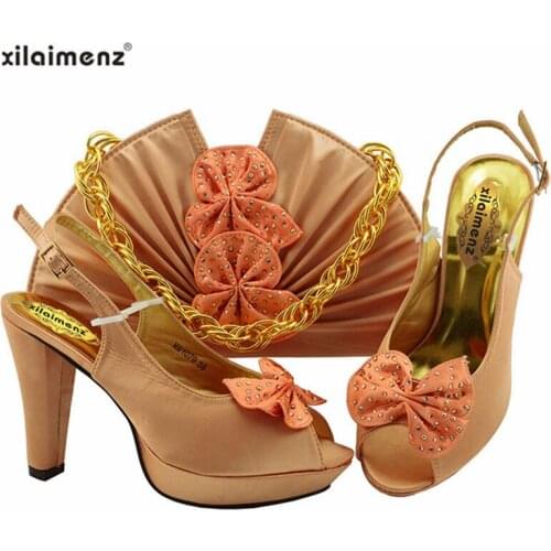 2019 New Arrivals Peach Matching Shoes and Bag Set In Heels Matching Shoes and Bag Set for African Party Nigerian Shoes and Bag