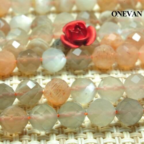 ONEVAN Natural Mixed Color Moonstone Faceted Beads Smooth Loose Round Stone Diy Bracelet Necklace Jewelry Making Gift Design
