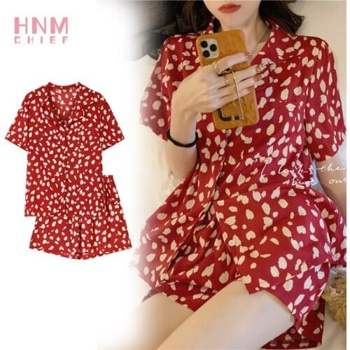 Women Red Silk Pajama Sets Sweet Maiden Nightwear Irregular Printed Summer Short Sleeve Sleepwear Suit Leisure Shorts Homewear