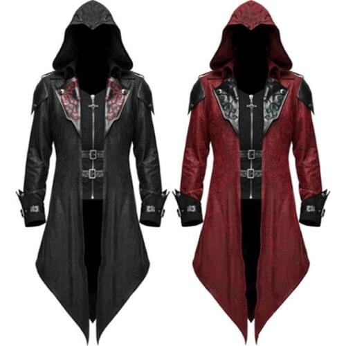 Steampunk Gothic Tuxedo Trench Coat Turn-Down Collar Hooded Leather Dovetail Jacket Assassin Costume Halloween For Men Plus Size