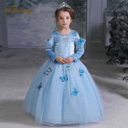 Baby Girl Elsa Princess Dress Crystal Butterfly Mesh Long Girl Vestido Vintage Party Carnival Halloween Dress Cosume Clothes