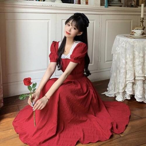 Dresses for Women Retro Lace V-neck Dress Summer Puff Sleeve Red Dress Womens Clothing Vestido De Mujer