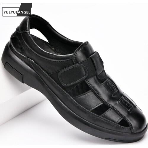 Summer Mens Casual Flats Beach Sandals Cowhide Leather Vintage Closed Toe Hollow Out Breathable Shoes Outside Gladiator Sandals