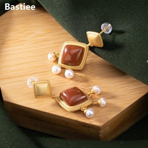 Bastiee Diamond Shape Stud Drop Earrings For Women Silver 925 Jewelry Gold Plating Dangle Pearl