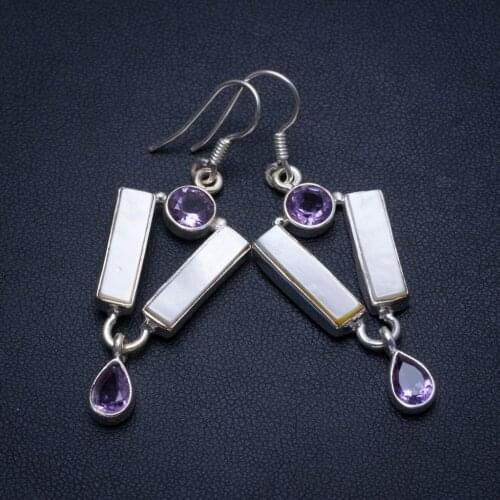 Natural Mother Of Pearl and Amethyst Handmade Boho 925 Sterling Silver Earrings 2" T4184
