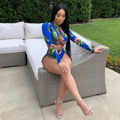 Sexy Bikini Set Floral Long Sleeve Tie Side 2-pieces Swimsuit Bathing Suit Swimwear Women Summer Beachwear Bikinis 2021 Mujer