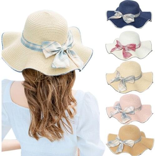 Women Straw Hat 2021 Simple Summer Beach Hat Female Casual Lady Women Flat Brim Bowknot Straw Cap Girls Sun Hat Chapeu Feminino