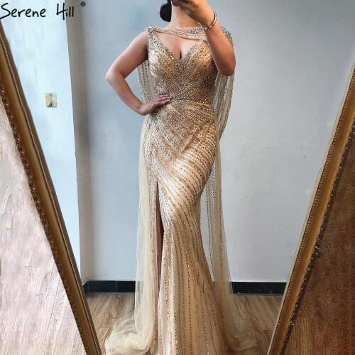 Serene Hill Sexy Champagne V-neck Luxury Evening Dress 2021 Diamond Beading Sleeveless Mermaid Formal Party Gown CLA70301