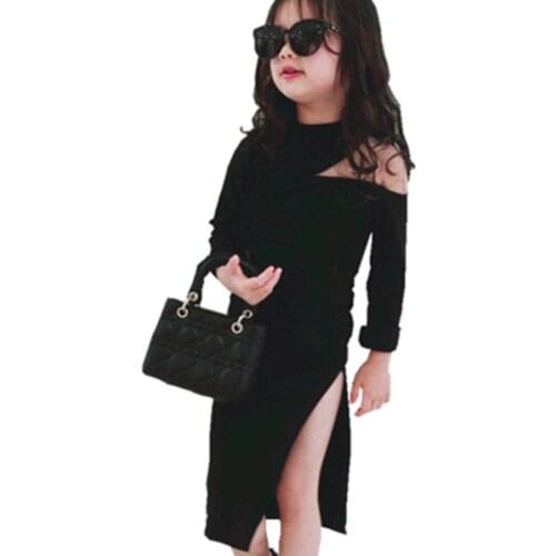 Spring Autumn girls fashion single off shoulder dress Baby split dress kids dress Children slim package hip dress